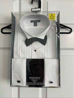 Madison White Pleated Dress Shirt with Black Bow Tie